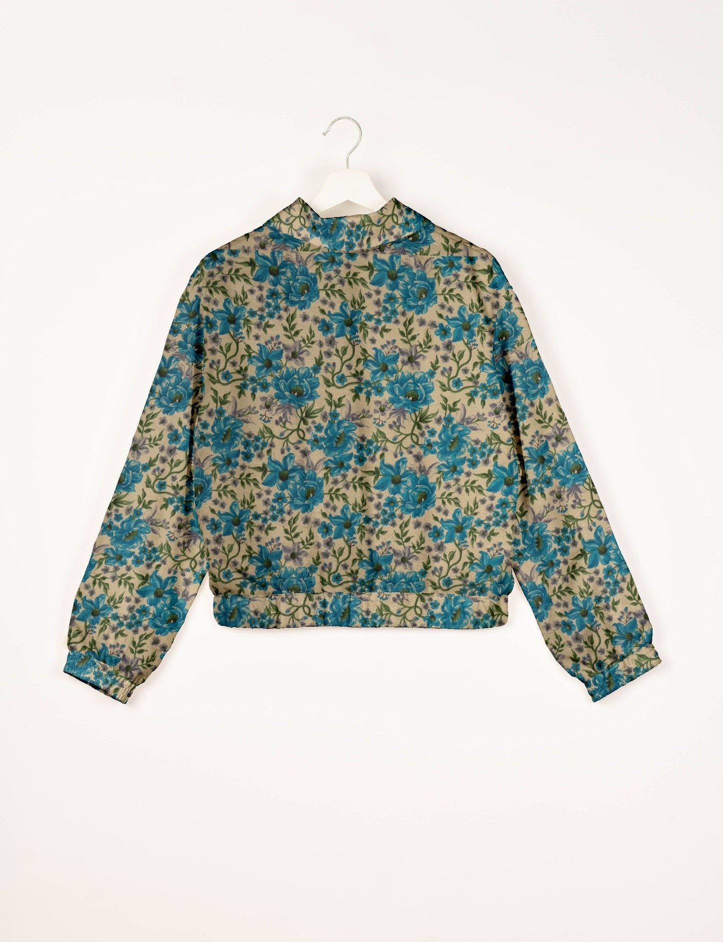 Love Bomber Jacket made from recycled fabric, featuring hand-stitched Aari embroidery. A unique piece of zero-waste clothing, part of the circular fashion movement. Designed with upcycled materials for a stylish yet environmentally friendly clothing choice.
