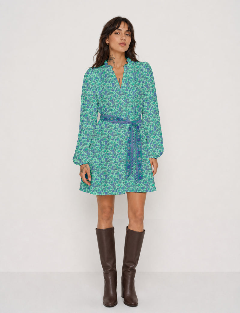 Swing dress with belt - Blue Floral