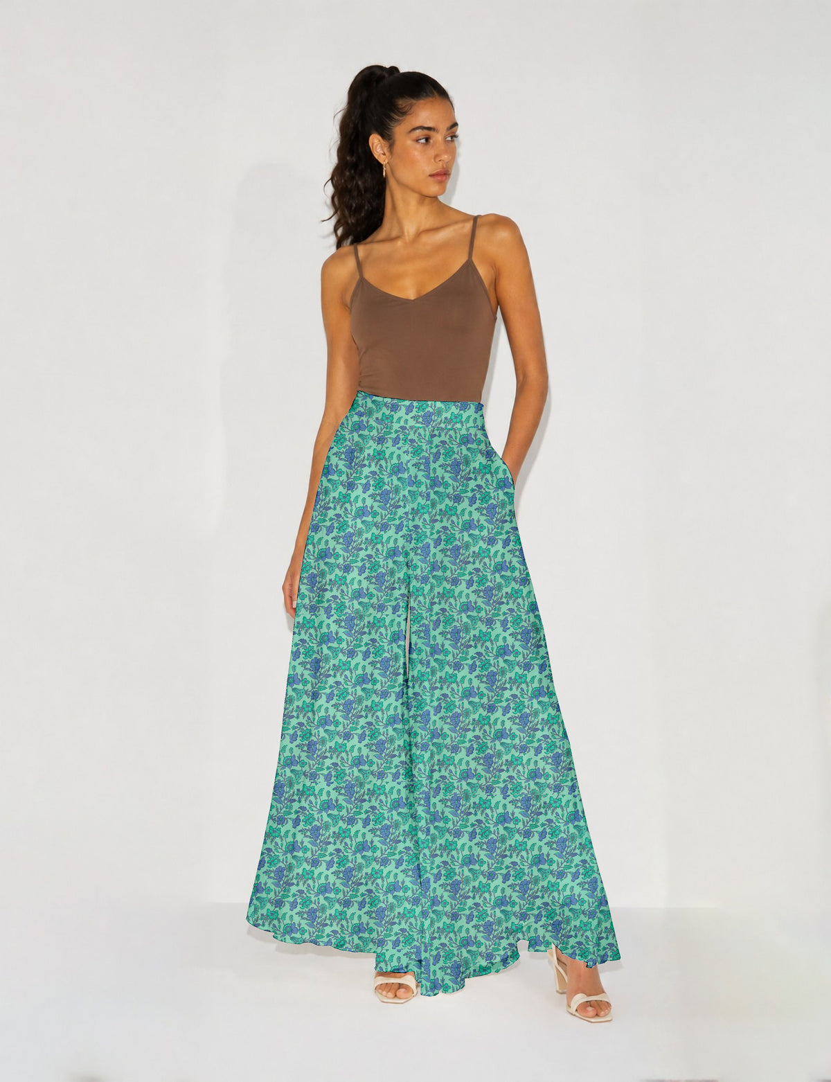 Wide Leg Palazzo Trousers - Blue Floral