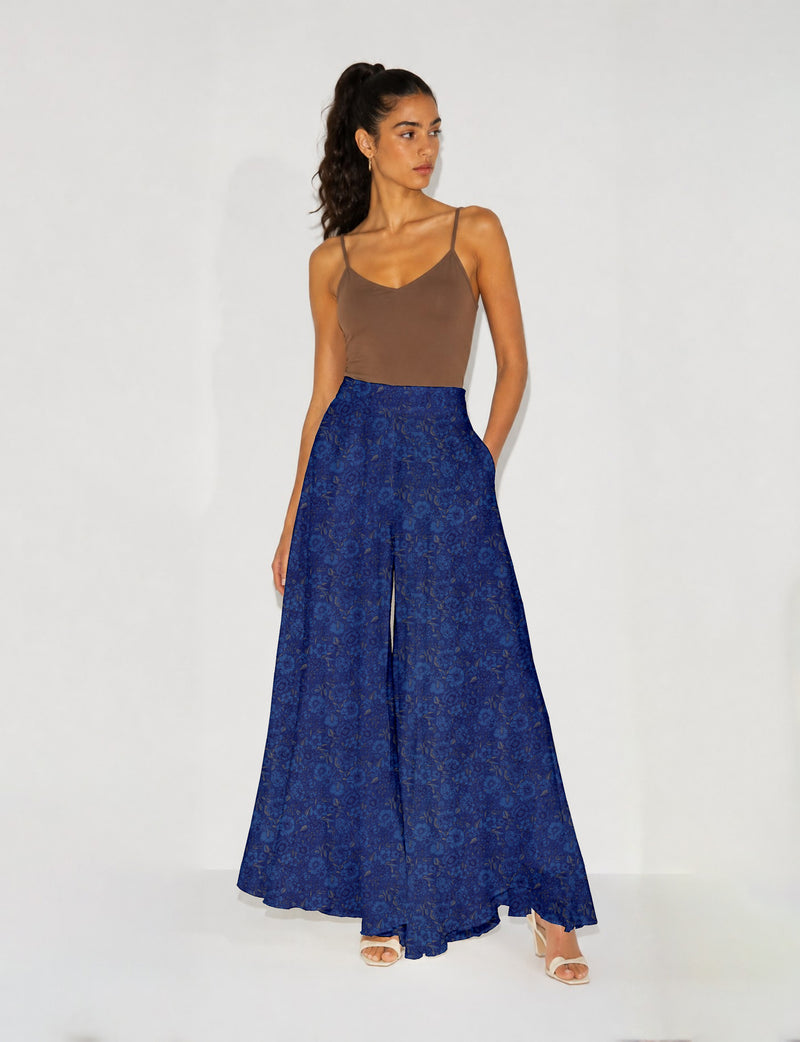 Wide Leg Palazzo Trousers - Blue Floral