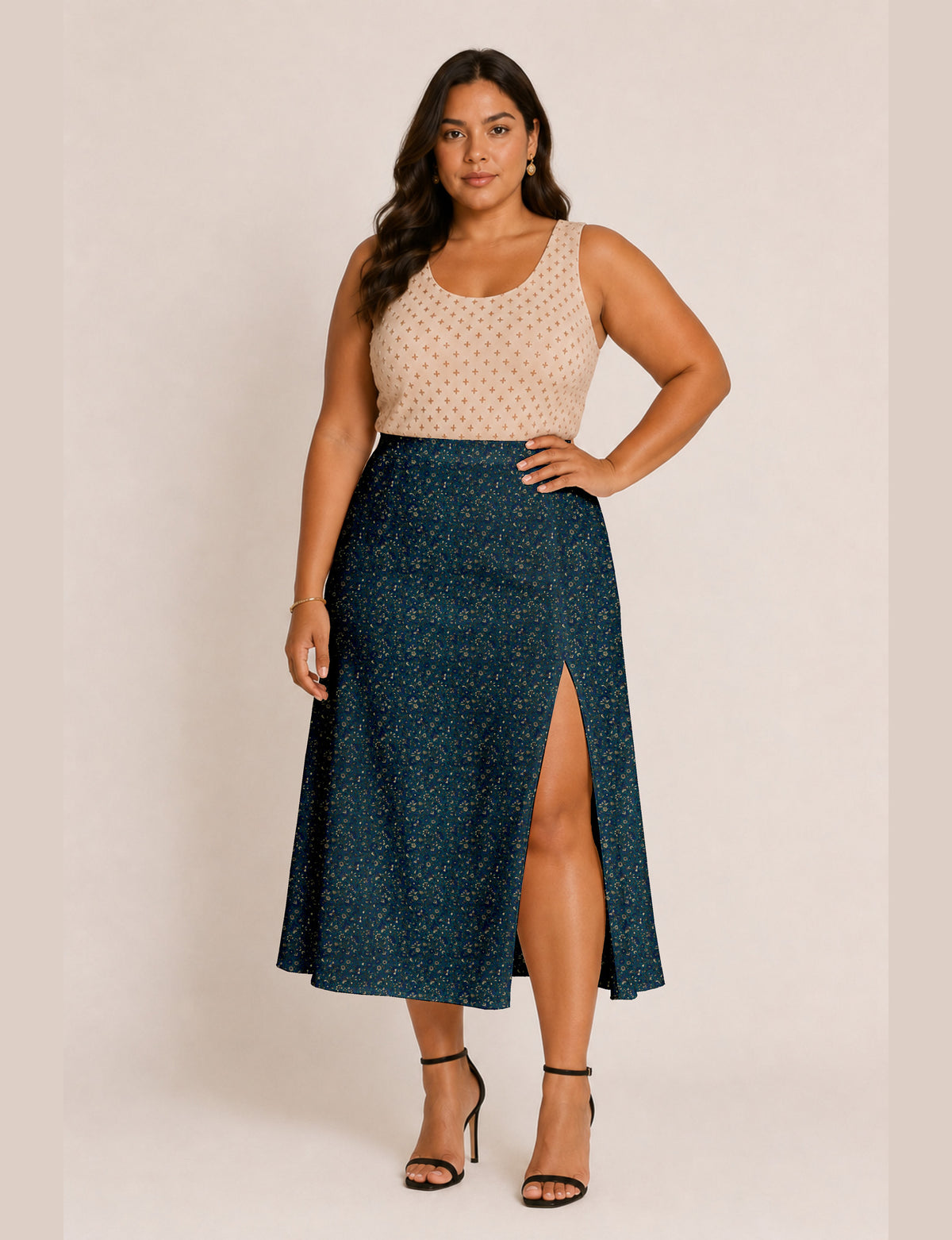 A line skirt with slit - Blue Floral