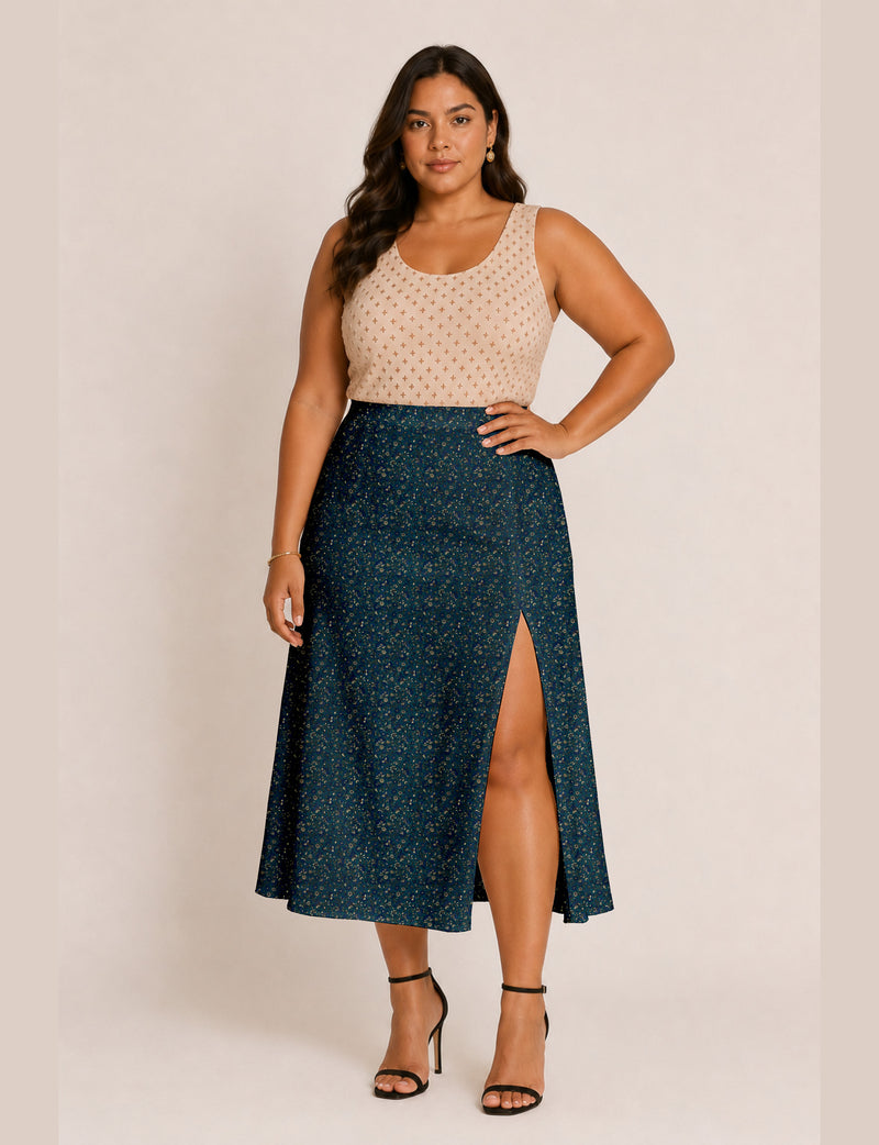 A line skirt with slit - Blue Floral