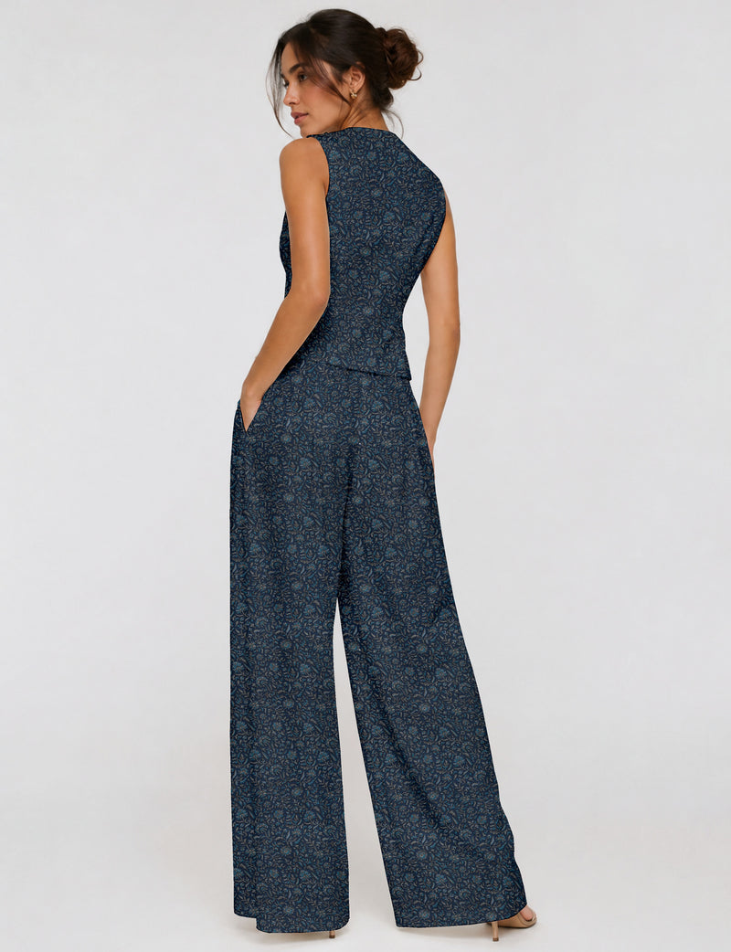 Women's tailored waistcoat set with a sleeveless V-neck button-front waistcoat and high-rise wide leg trousers in a coordinated matching outfit.