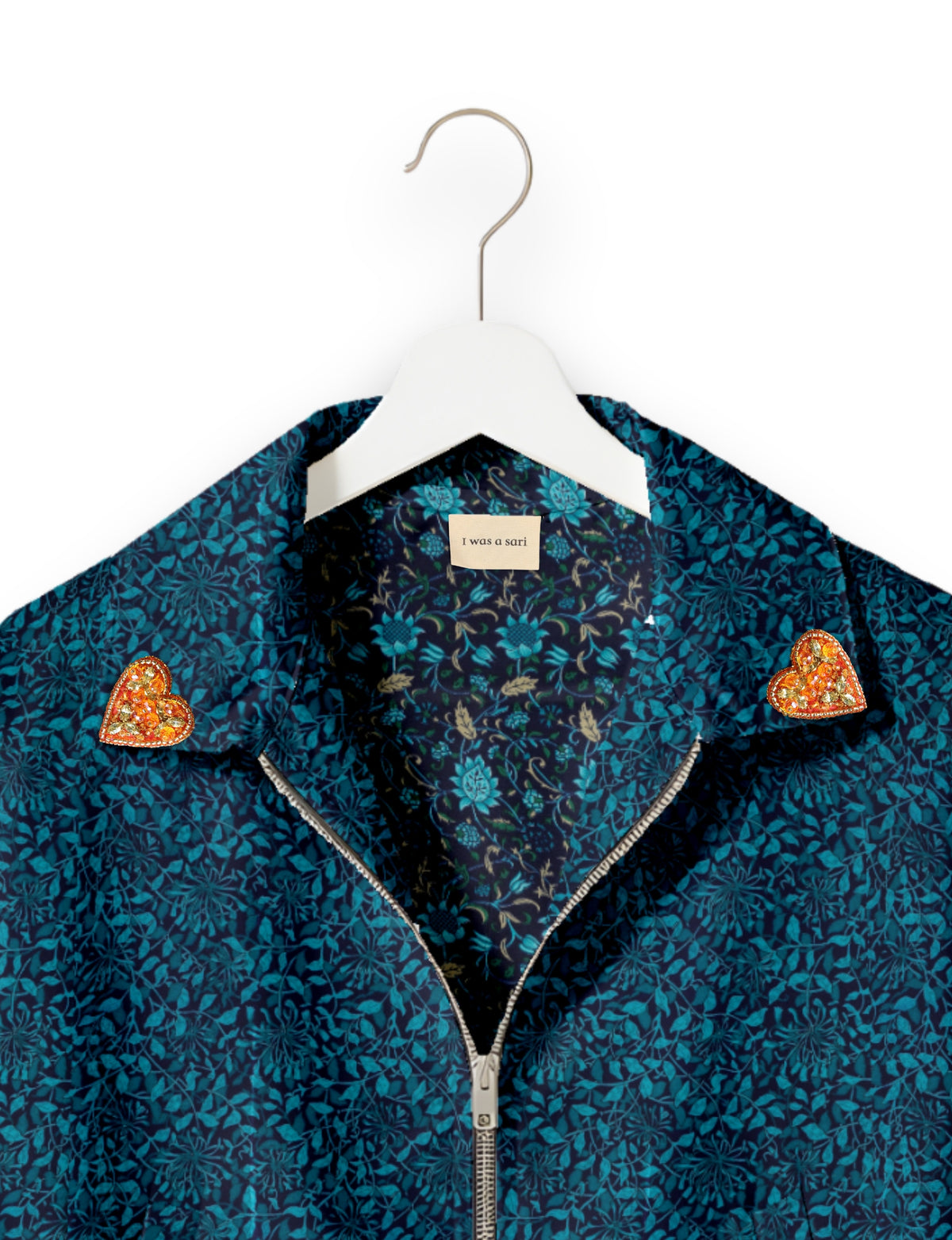 Love Bomber Jacket made from recycled fabric, featuring hand-stitched Aari embroidery. A unique piece of zero-waste clothing, part of the circular fashion movement. Designed with upcycled materials for a stylish yet environmentally friendly clothing choice.