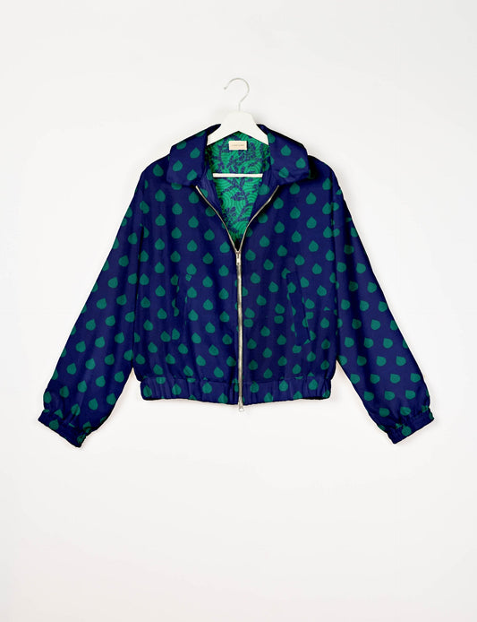 Upcycled Bomber Jacket made from recycled sari materials, featuring a cute cropped shape, elasticated hem and cuffs, and contrast sari print lining. Sustainable apparel promoting eco-friendly fashion and ethical clothing.
