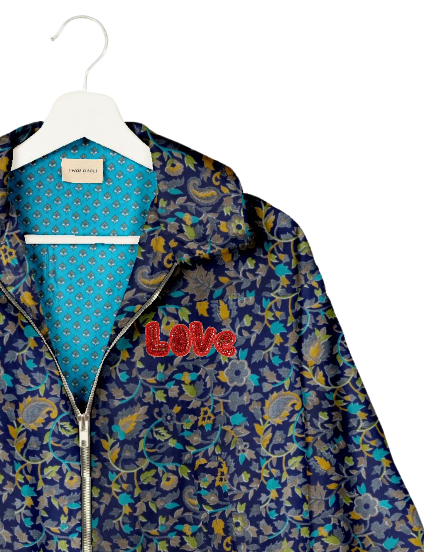 Love Bomber Jacket made from recycled fabric, featuring hand-stitched Aari embroidery. A unique piece of zero-waste clothing, part of the circular fashion movement. Designed with upcycled materials for a stylish yet environmentally friendly clothing choice.