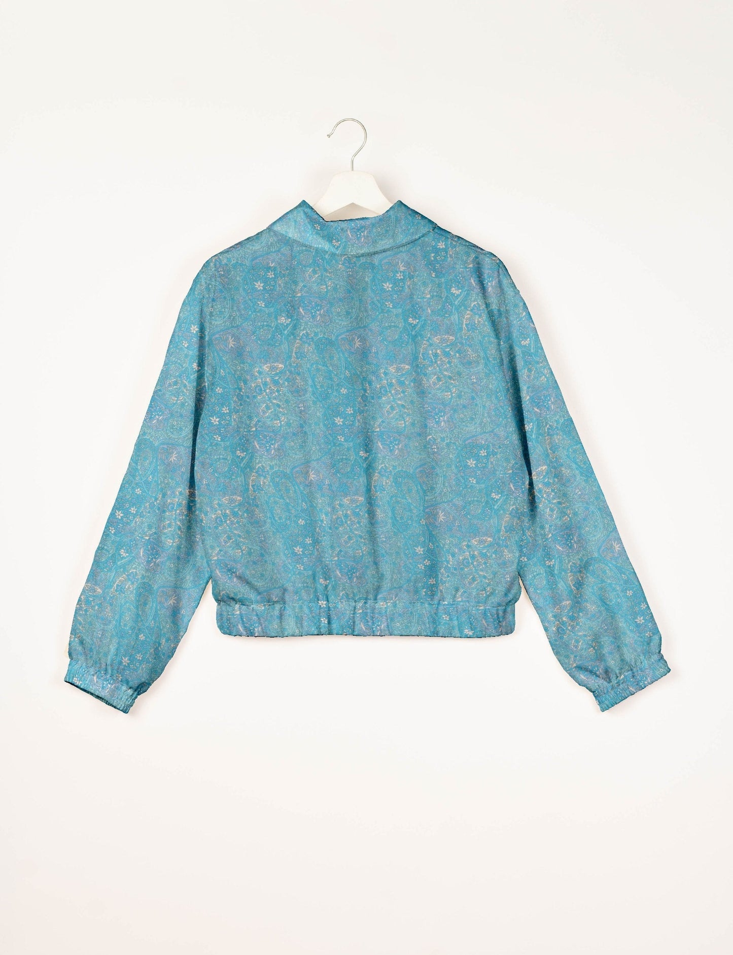 Love Bomber Jacket made from recycled fabric, featuring hand-stitched Aari embroidery. A unique piece of zero-waste clothing, part of the circular fashion movement. Designed with upcycled materials for a stylish yet environmentally friendly clothing choice.