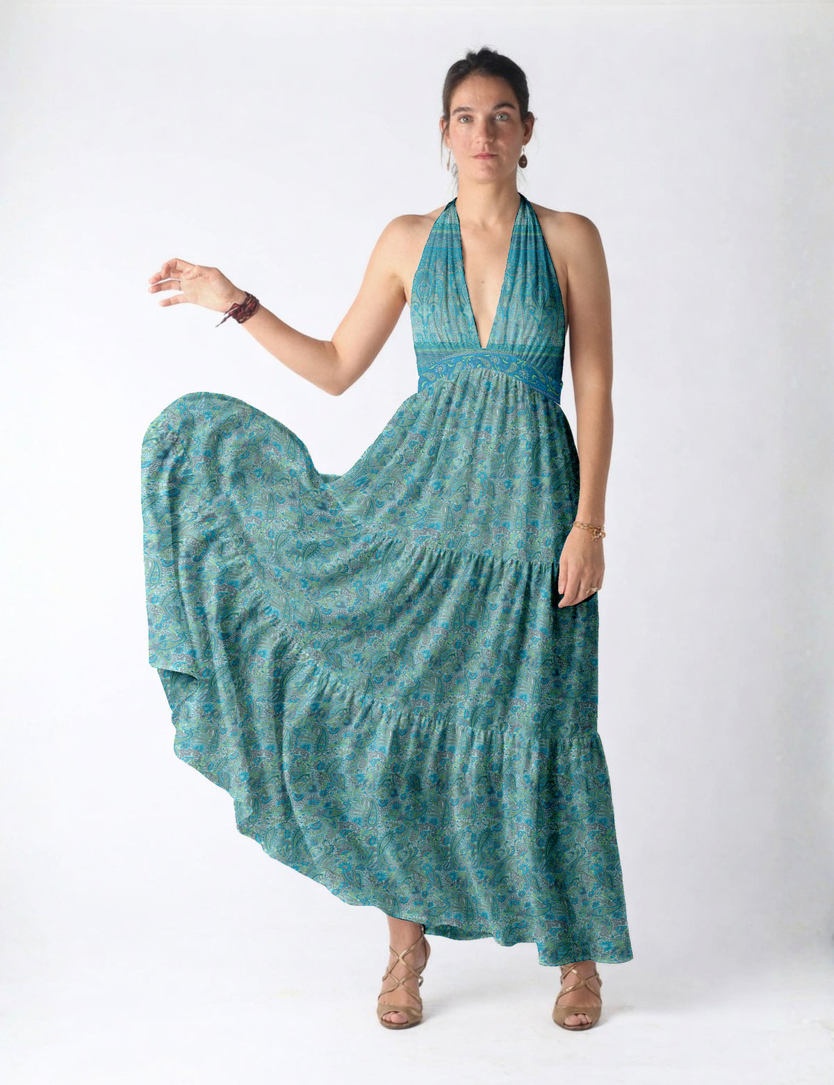 Maxi tiered dress by I was a Sari with halter neckline and flowy silhouette