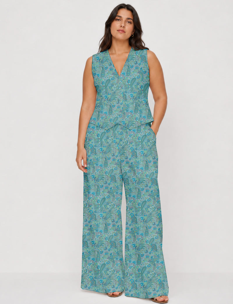 Women's tailored waistcoat set with a sleeveless V-neck button-front waistcoat and high-rise wide leg trousers in a coordinated matching outfit.