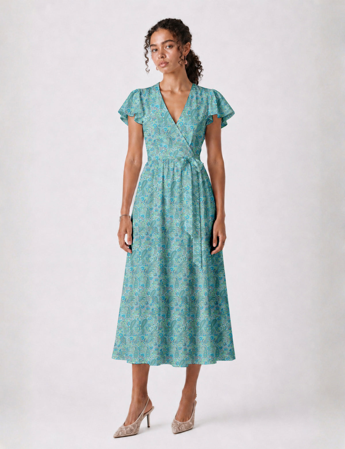 Elegant midi wrap dress with a V-neckline, adjustable waist tie, fitted bodice, and flared skirt for a timeless, flattering silhouette.