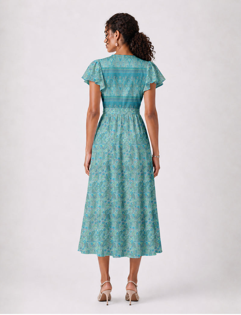 Elegant midi wrap dress with a V-neckline, adjustable waist tie, fitted bodice, and flared skirt for a timeless, flattering silhouette.