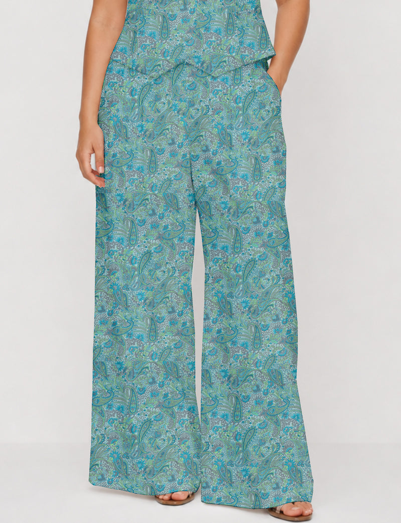 Wide leg pleated trouser - Blue Paisley