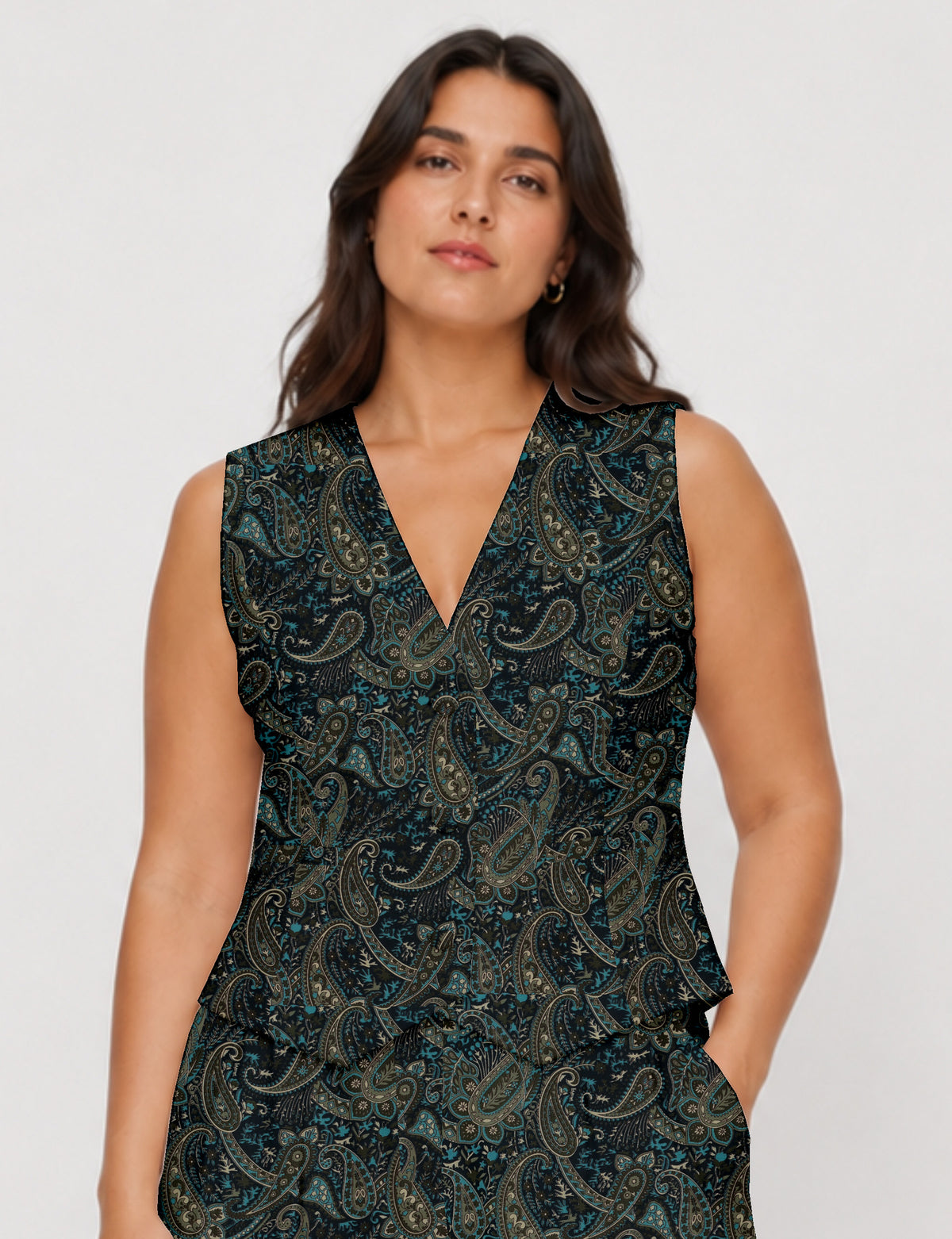 Women's fitted waistcoat with V-neck, single-breasted button closure, tailored silhouette, and pointed hem in sustainable fashion.