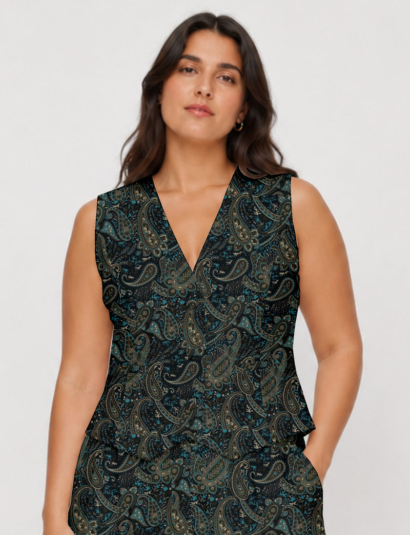 Women's fitted waistcoat with V-neck, single-breasted button closure, tailored silhouette, and pointed hem in sustainable fashion.
