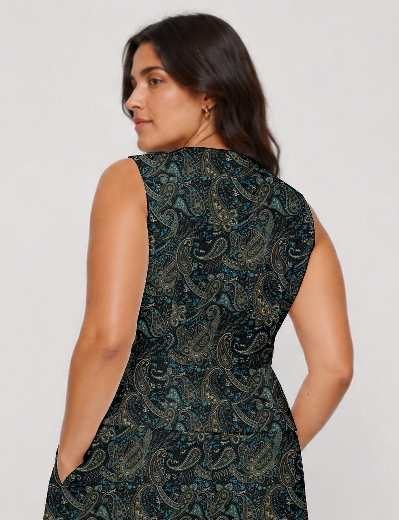 Women's fitted waistcoat with V-neck, single-breasted button closure, tailored silhouette, and pointed hem in sustainable fashion.