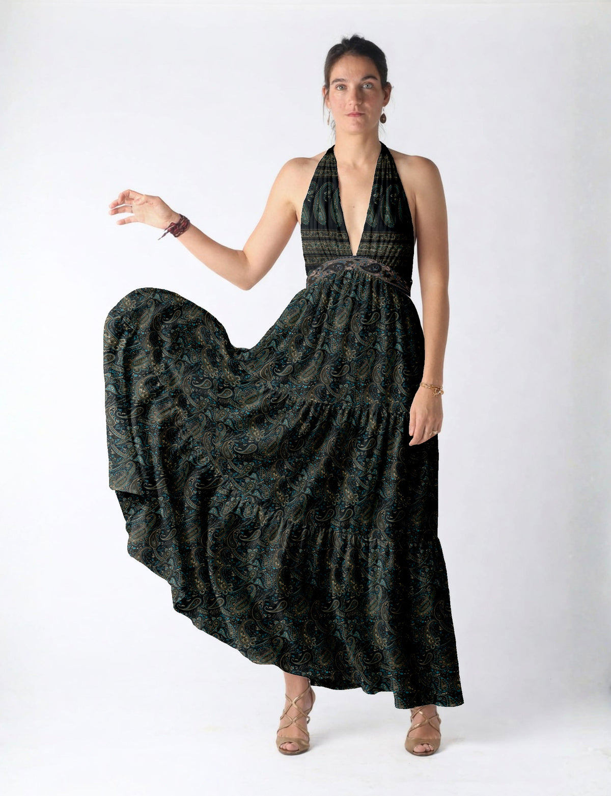 Maxi tiered dress by I was a Sari with halter neckline and flowy silhouette