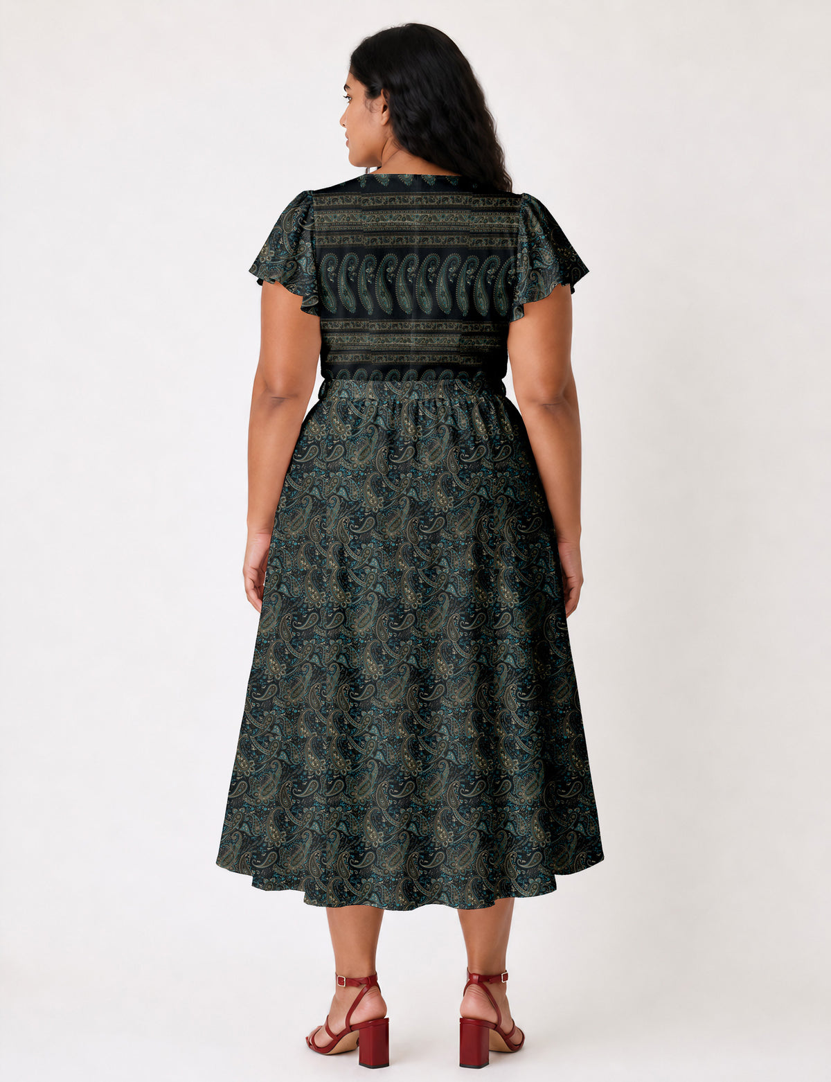 Elegant midi wrap dress with a V-neckline, adjustable waist tie, fitted bodice, and flared skirt for a timeless, flattering silhouette.