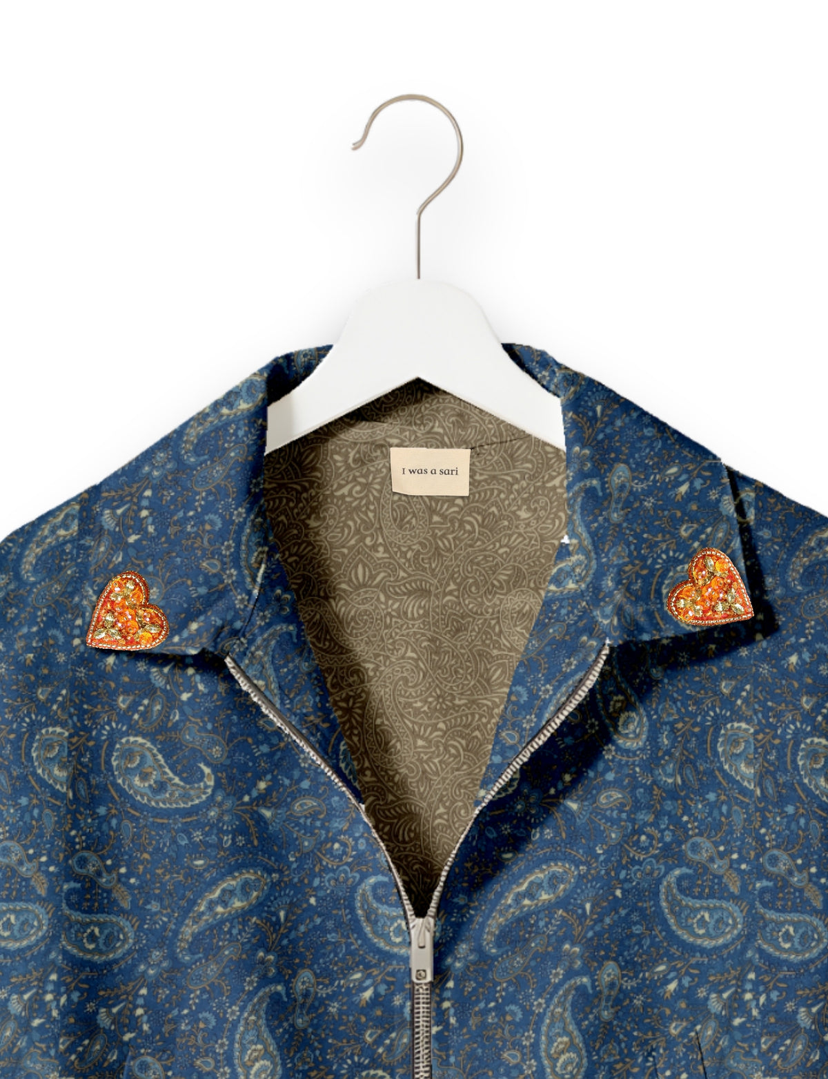 Love Bomber Jacket made from recycled fabric, featuring hand-stitched Aari embroidery. A unique piece of zero-waste clothing, part of the circular fashion movement. Designed with upcycled materials for a stylish yet environmentally friendly clothing choice.