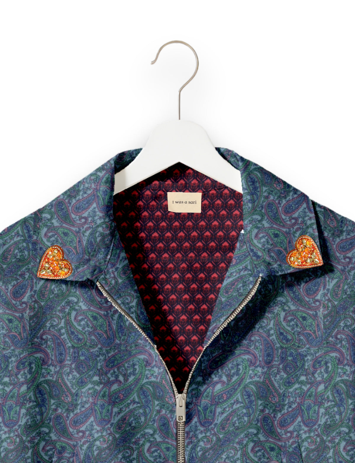 Love Bomber Jacket made from recycled fabric, featuring hand-stitched Aari embroidery. A unique piece of zero-waste clothing, part of the circular fashion movement. Designed with upcycled materials for a stylish yet environmentally friendly clothing choice.