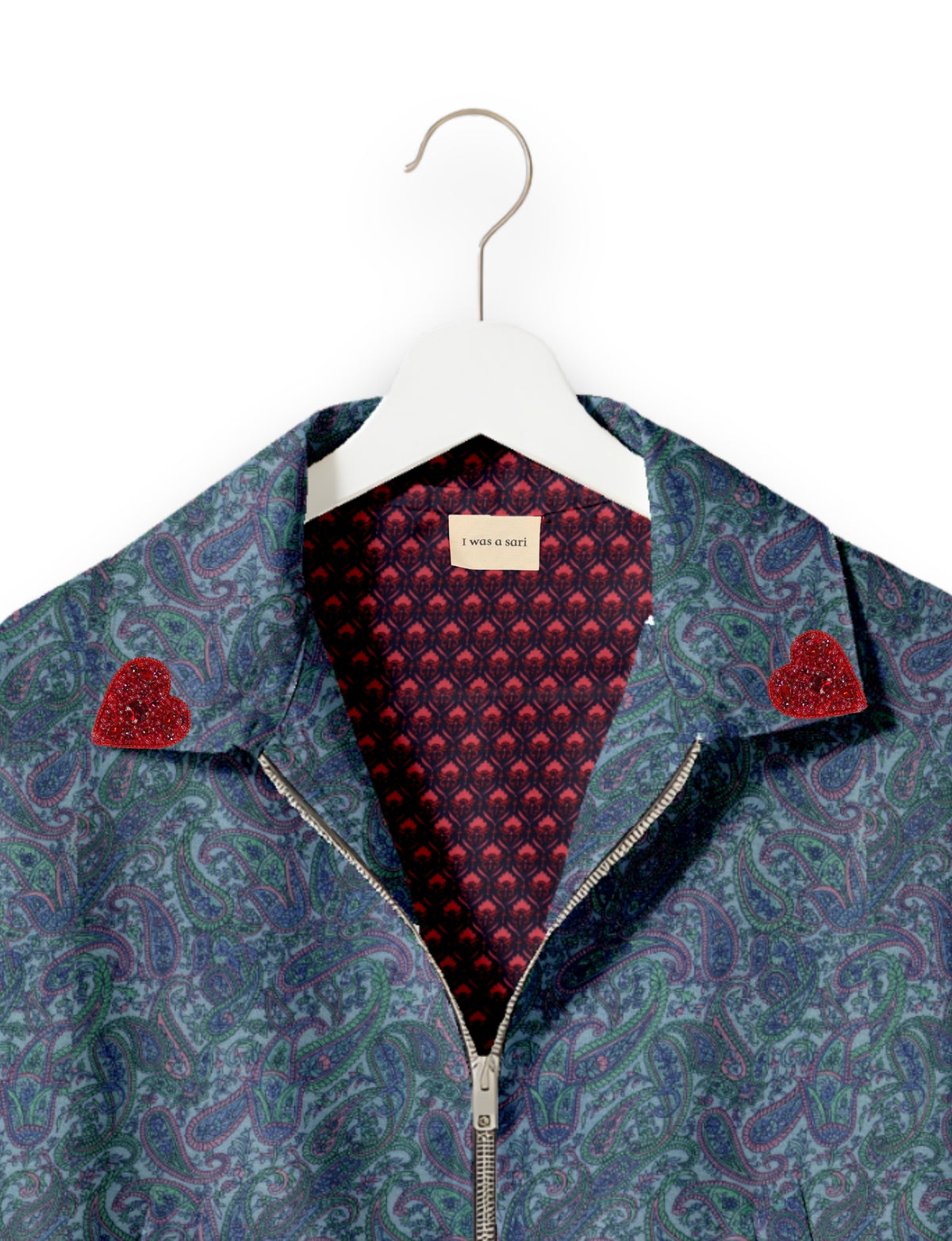Love Bomber Jacket made from recycled fabric, featuring hand-stitched Aari embroidery. A unique piece of zero-waste clothing, part of the circular fashion movement. Designed with upcycled materials for a stylish yet environmentally friendly clothing choice.