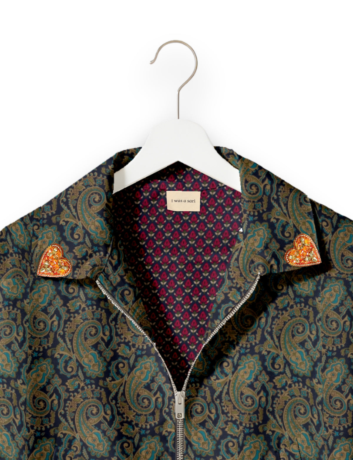Love Bomber Jacket made from recycled fabric, featuring hand-stitched Aari embroidery. A unique piece of zero-waste clothing, part of the circular fashion movement. Designed with upcycled materials for a stylish yet environmentally friendly clothing choice.