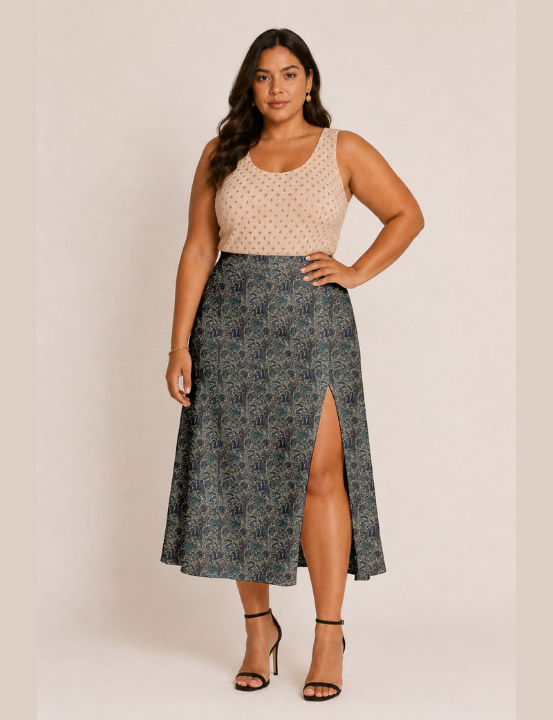 A line skirt with slit - Blue Paisley