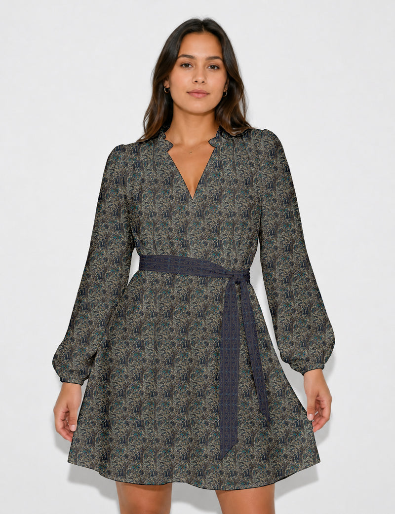 Swing dress with belt - Blue Paisley