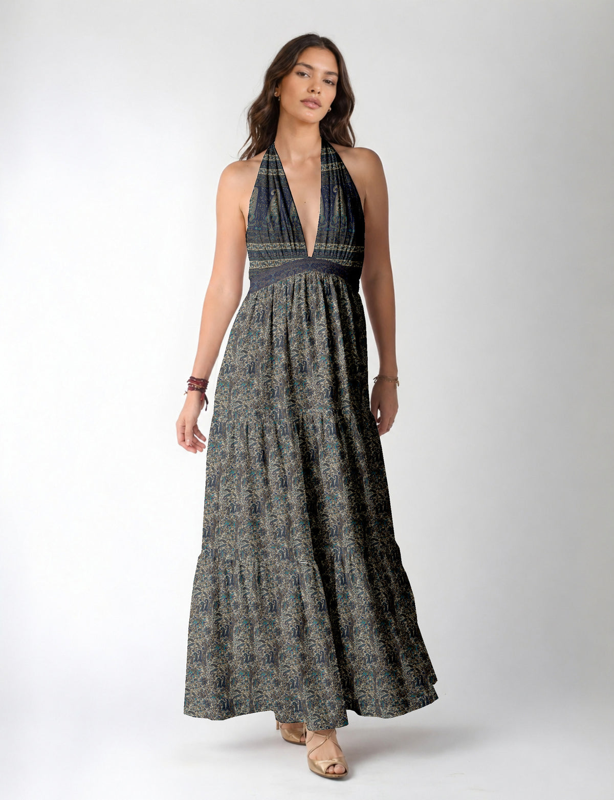 Maxi tiered dress by I was a Sari with halter neckline and flowy silhouette