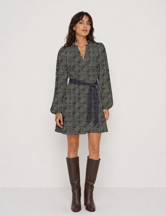 Swing dress with belt in a blue paisley sari print