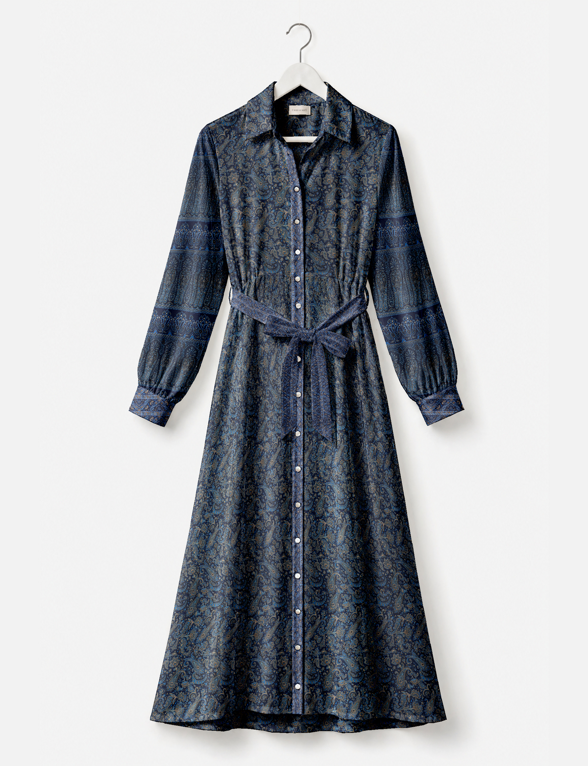 Long blue paisley shirt dress with button front, long sleeves, collar, and matching fabric belt, hanging on white hanger