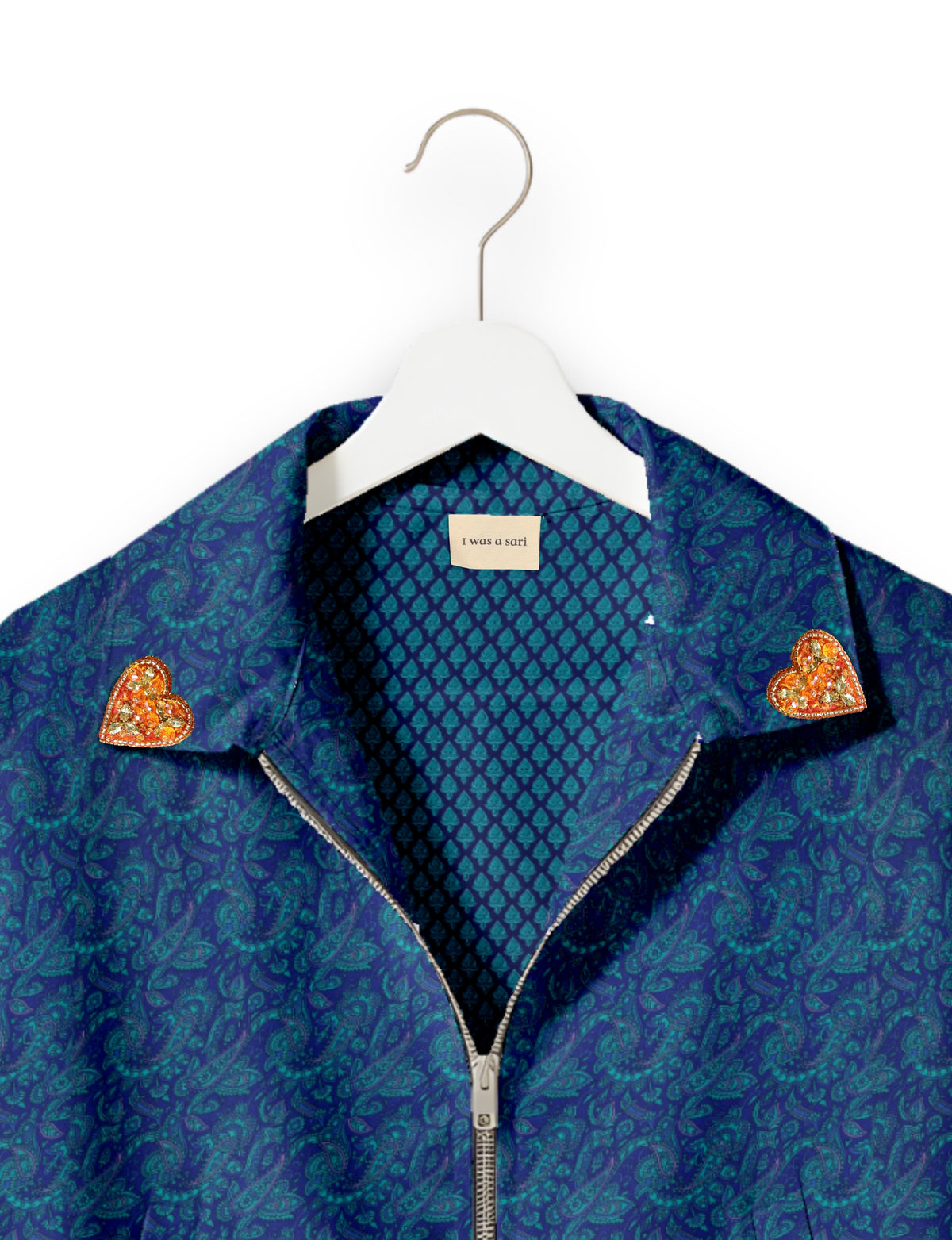 Love Bomber Jacket made from recycled fabric, featuring hand-stitched Aari embroidery. A unique piece of zero-waste clothing, part of the circular fashion movement. Designed with upcycled materials for a stylish yet environmentally friendly clothing choice.