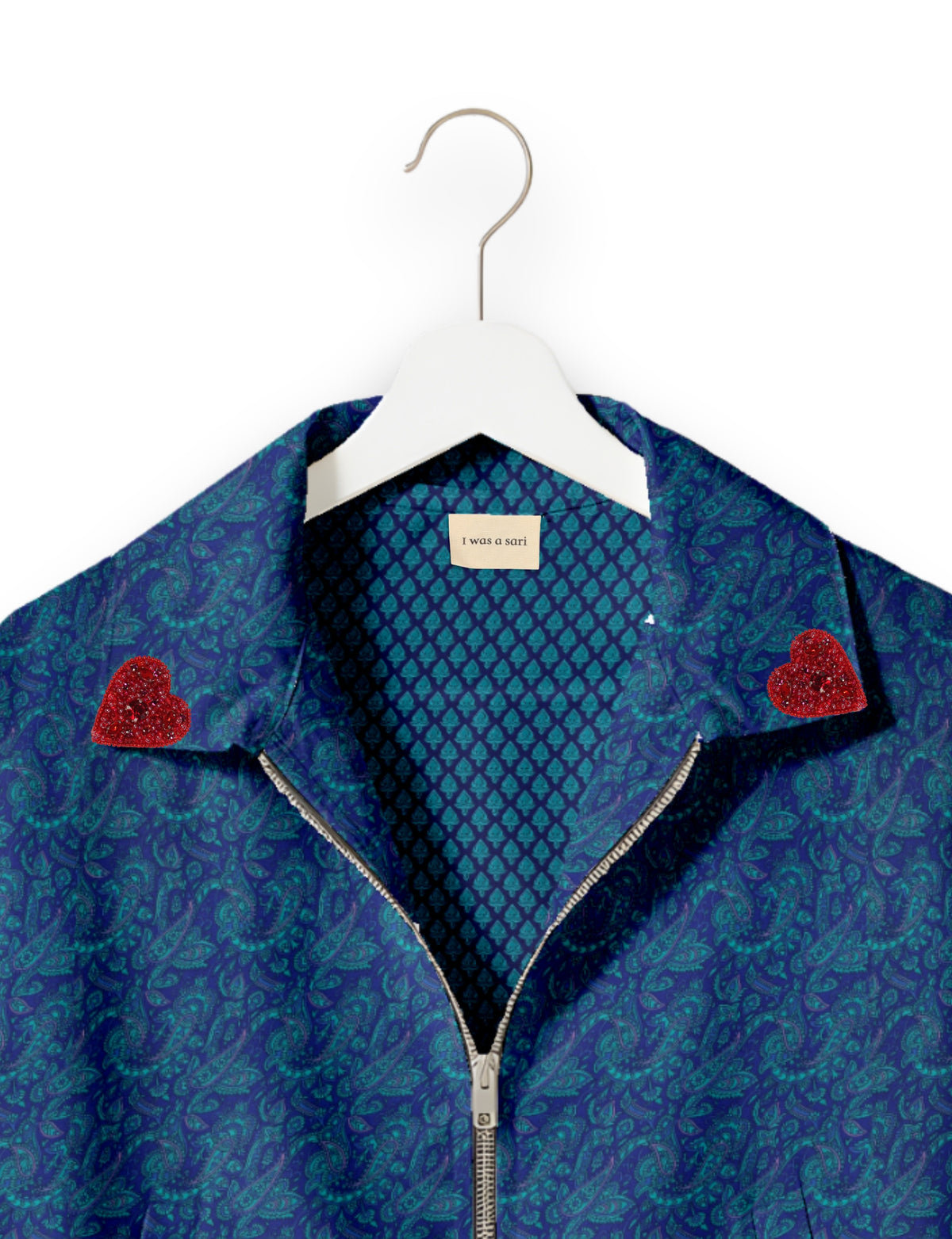 Love Bomber Jacket made from recycled fabric, featuring hand-stitched Aari embroidery. A unique piece of zero-waste clothing, part of the circular fashion movement. Designed with upcycled materials for a stylish yet environmentally friendly clothing choice.