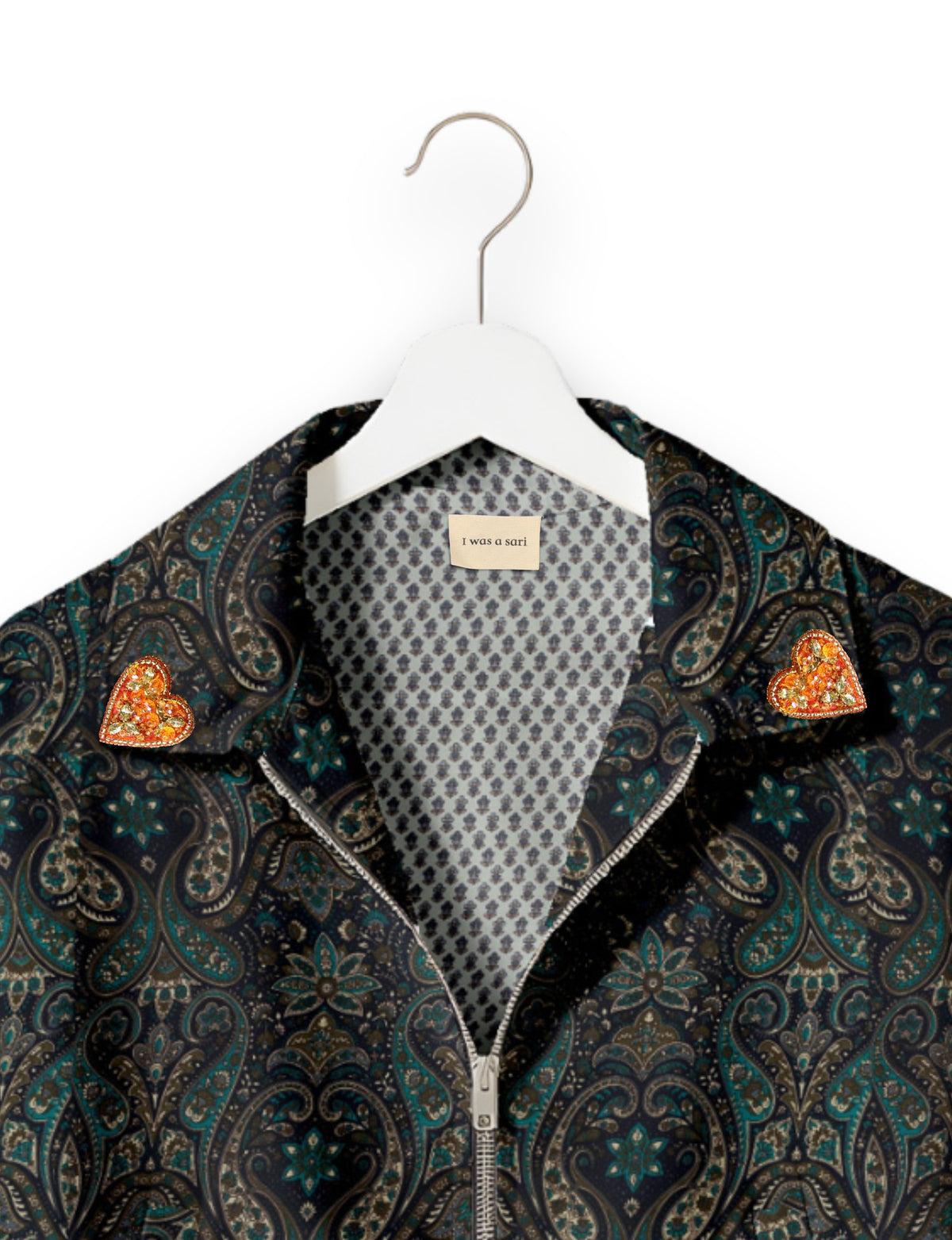 Love Bomber Jacket made from recycled fabric, featuring hand-stitched Aari embroidery. A unique piece of zero-waste clothing, part of the circular fashion movement. Designed with upcycled materials for a stylish yet environmentally friendly clothing choice.