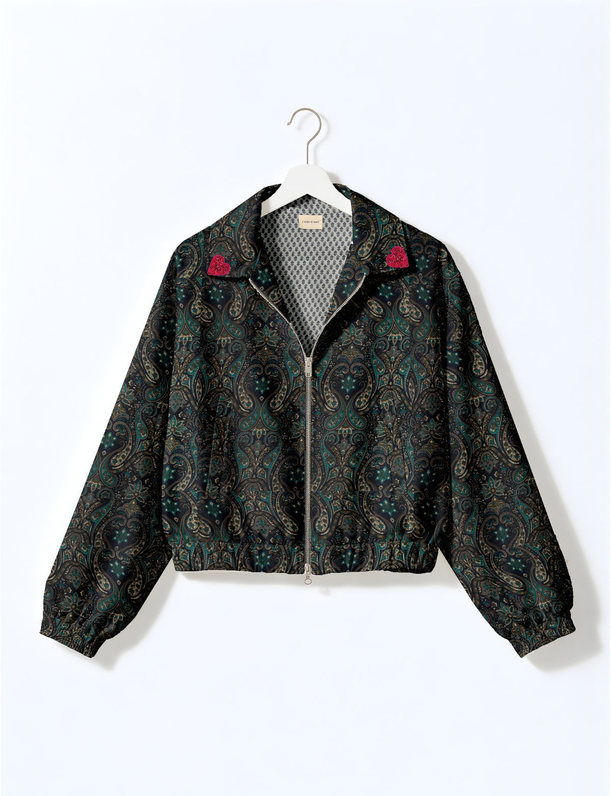 Love Bomber Jacket made from recycled fabric, featuring hand-stitched Aari embroidery. A unique piece of zero-waste clothing, part of the circular fashion movement. Designed with upcycled materials for a stylish yet environmentally friendly clothing choice.