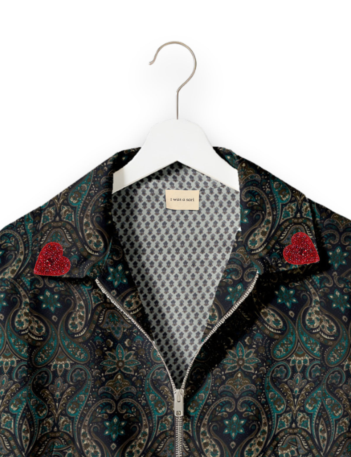Love Bomber Jacket made from recycled fabric, featuring hand-stitched Aari embroidery. A unique piece of zero-waste clothing, part of the circular fashion movement. Designed with upcycled materials for a stylish yet environmentally friendly clothing choice.