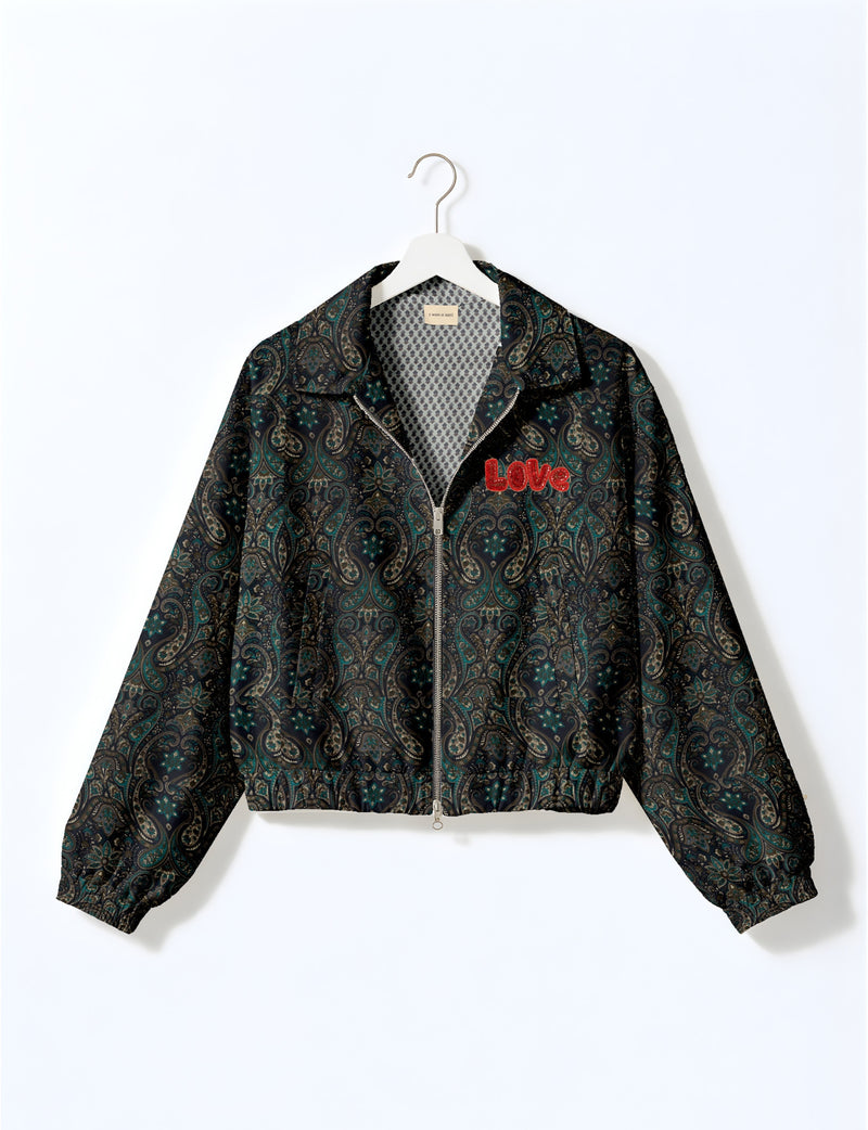 Love Bomber Jacket made from recycled fabric, featuring hand-stitched Aari embroidery. A unique piece of zero-waste clothing, part of the circular fashion movement. Designed with upcycled materials for a stylish yet environmentally friendly clothing choice.