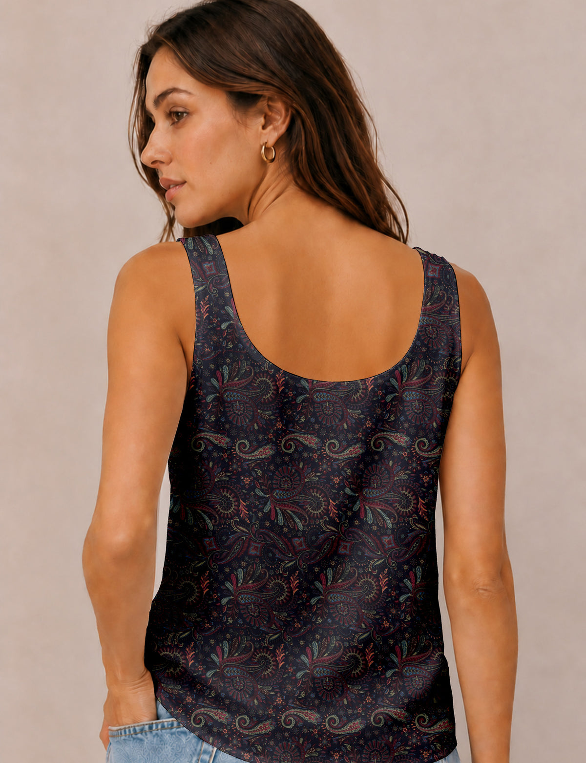 Women's sleeveless blouse with a relaxed straight fit, wide scoop neckline, deep scoop back, and hip-length silhouette.