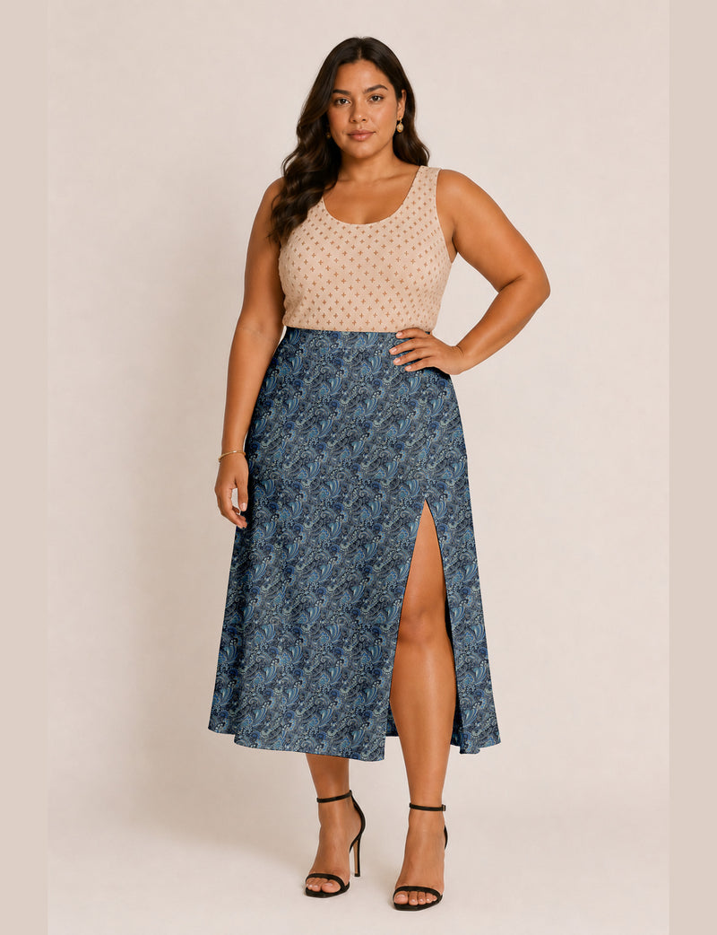 A line skirt with slit - Blue Paisley