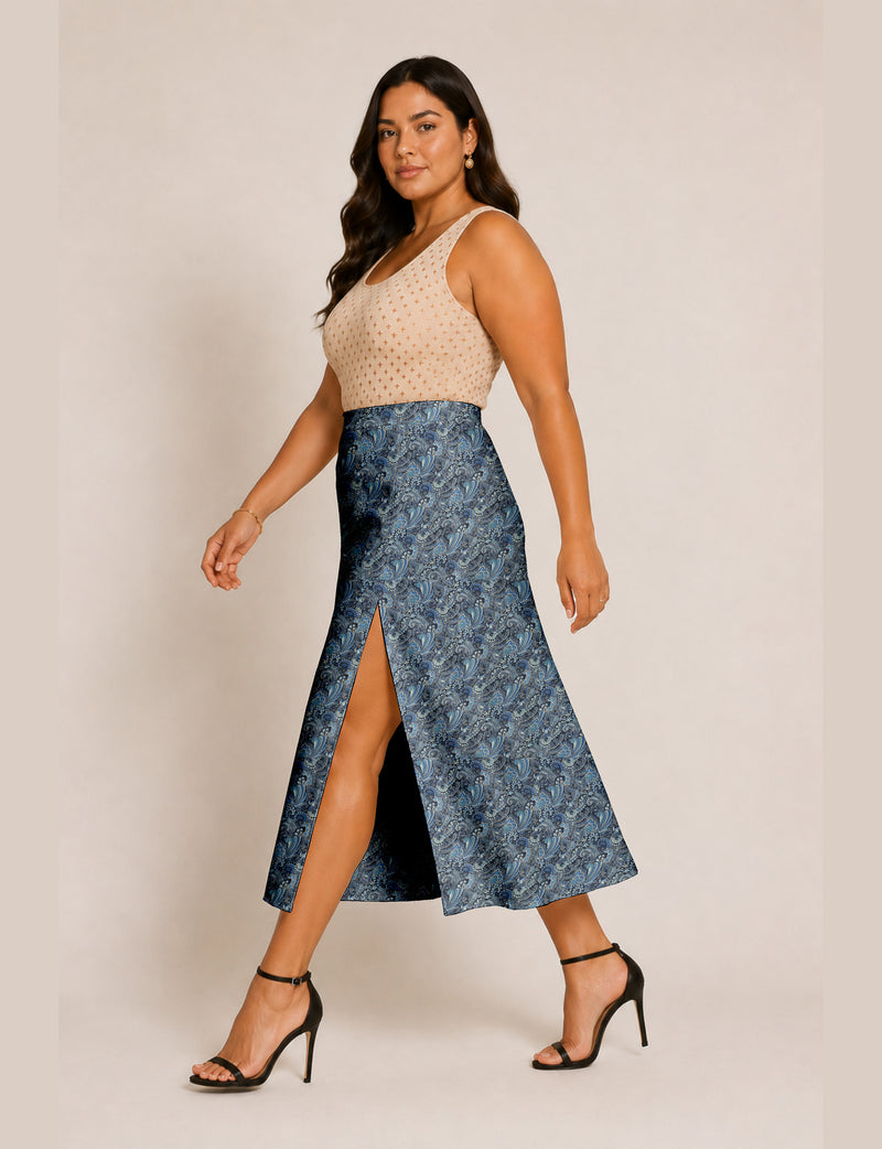 A line skirt with slit - Blue Paisley