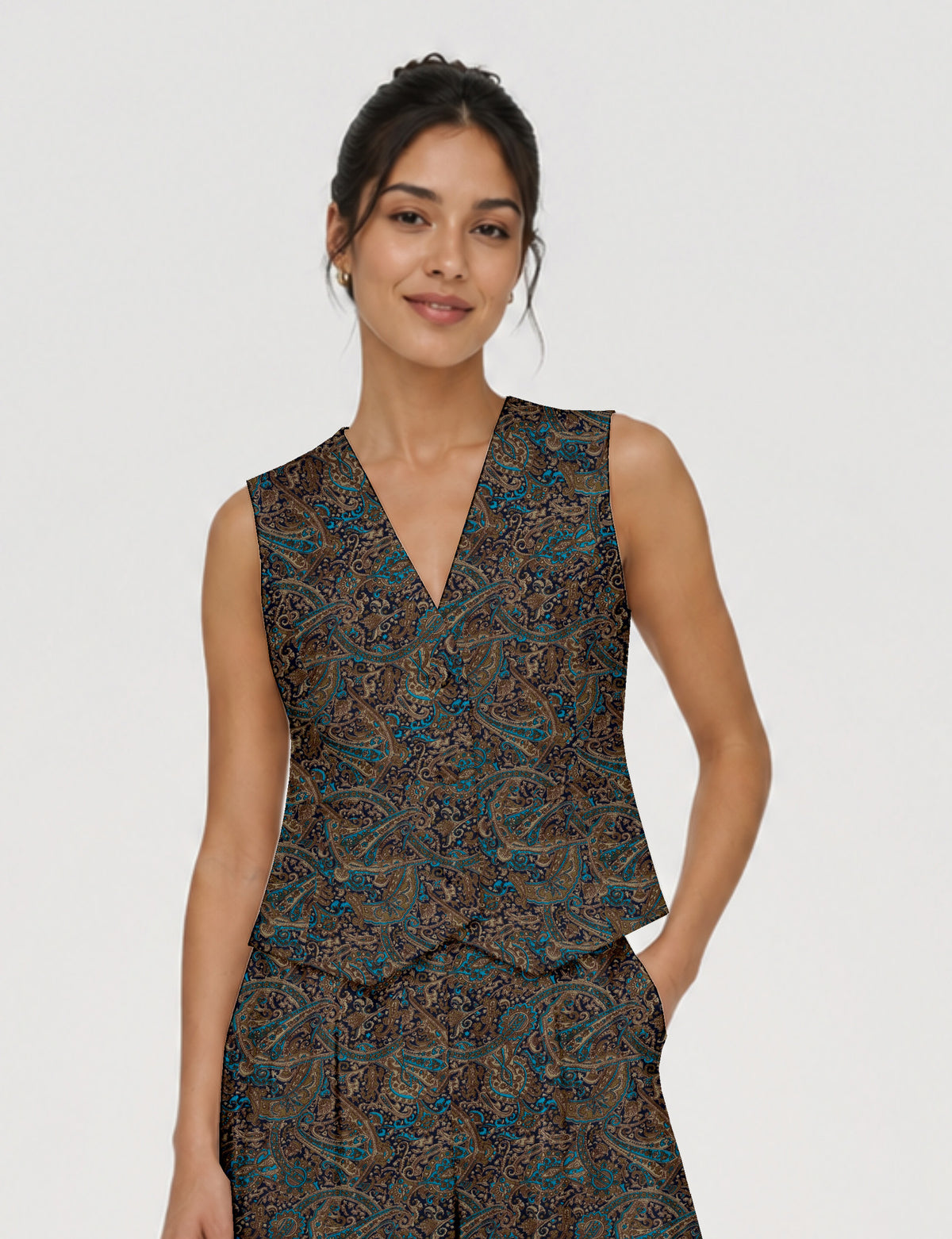 Women's fitted waistcoat with V-neck, single-breasted button closure, tailored silhouette, and pointed hem in sustainable fashion.