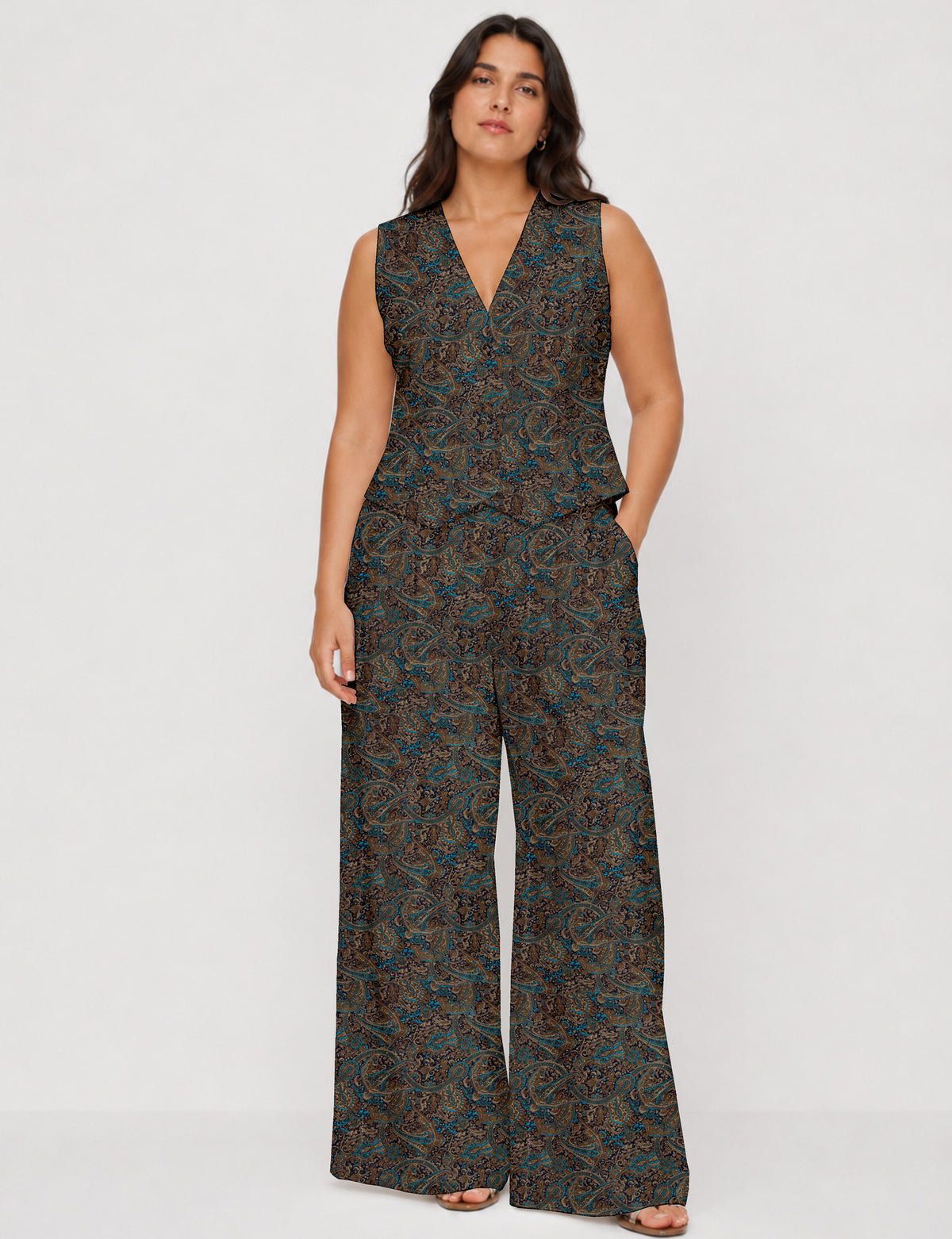 Women's tailored waistcoat set with a sleeveless V-neck button-front waistcoat and high-rise wide leg trousers in a coordinated matching outfit.