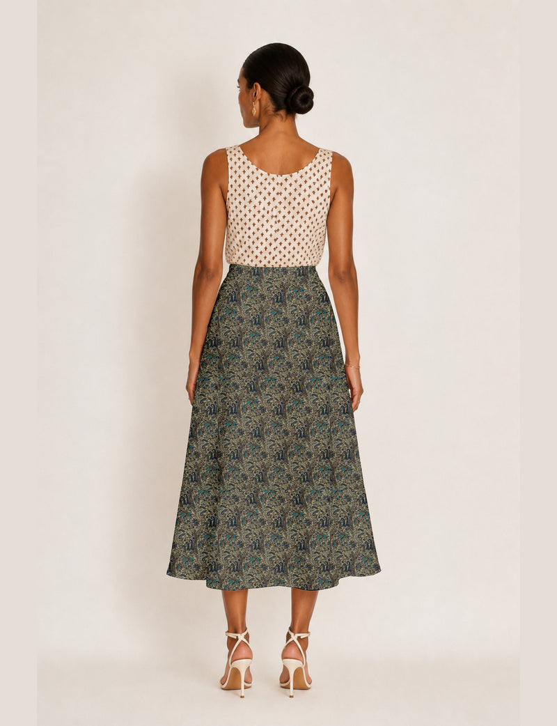 A line skirt with slit - Blue Paisley