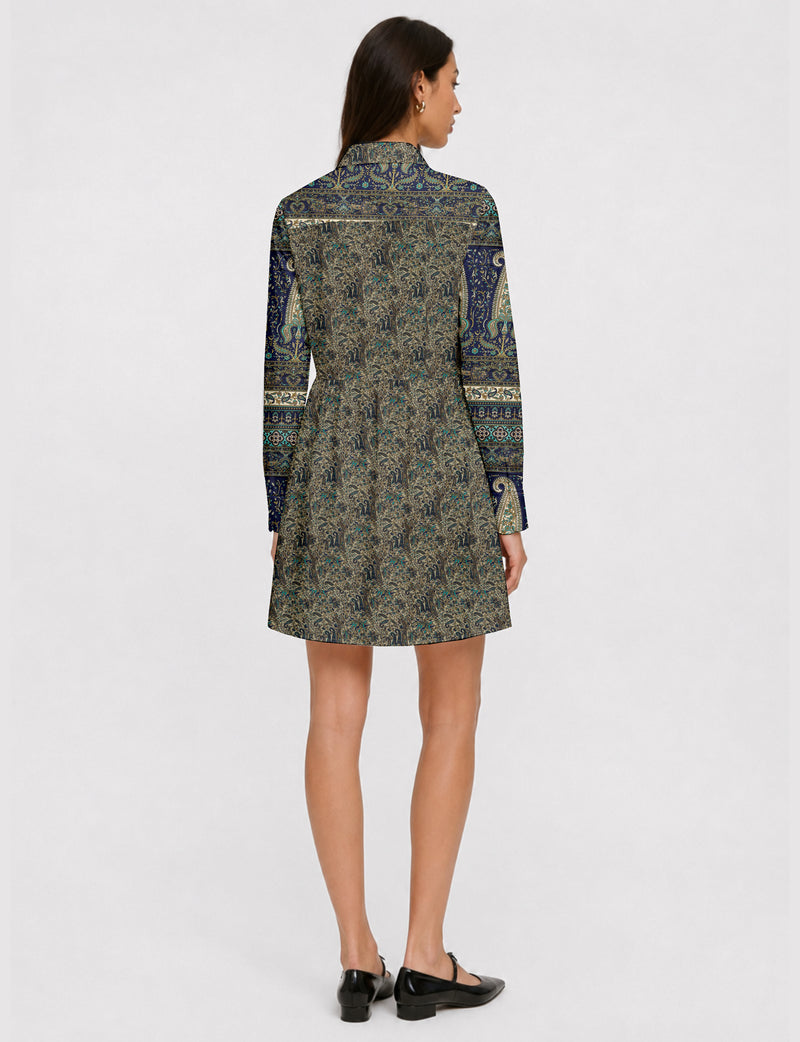 Short shirt dress with a relaxed A-line silhouette, point collar, partial button placket, gathered waist, side pockets, and full-length cuffed sleeves.