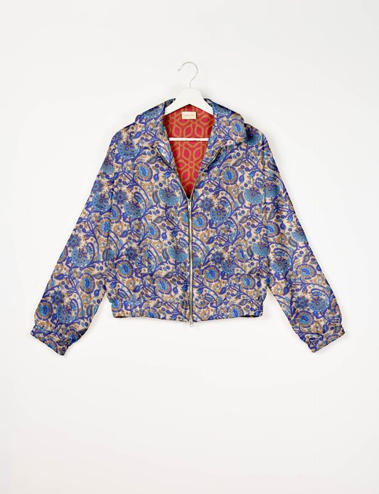 Stylish BOMBER JACKET, an upcycled clothing masterpiece with a cute cropped shape, elasticated details, and detachable metallic zipper. Contrast sari print lining adds a unique touch. Explore sustainable and eco-friendly fashion.