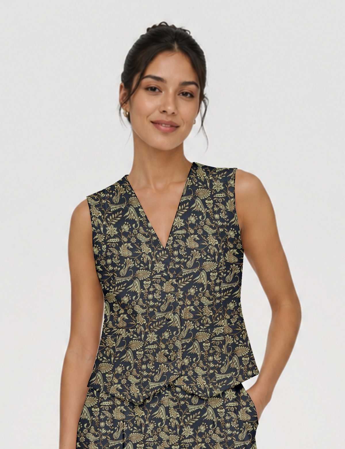 Women's fitted waistcoat with V-neck, single-breasted button closure, tailored silhouette, and pointed hem in sustainable fashion.