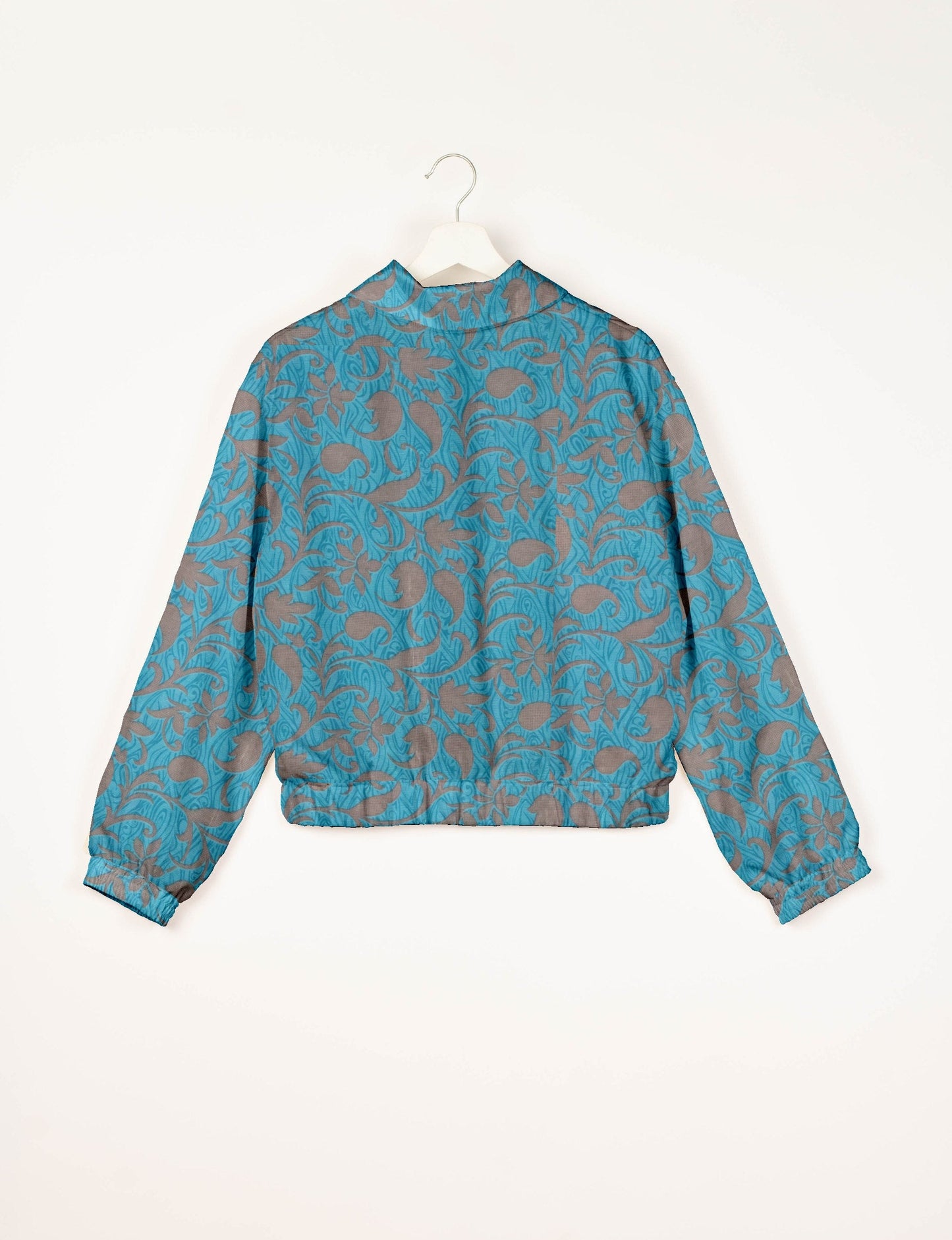 Stylish BOMBER JACKET, an upcycled clothing masterpiece with a cute cropped shape, elasticated details, and detachable metallic zipper. Contrast sari print lining adds a unique touch. Explore sustainable and eco-friendly fashion.