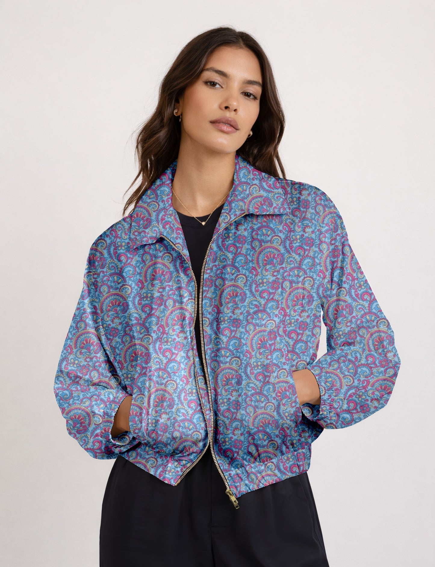 Upcycled Bomber Jacket made from recycled sari materials, featuring a cute cropped shape, elasticated hem and cuffs, and contrast sari print lining. Sustainable apparel promoting eco-friendly fashion and ethical clothing.