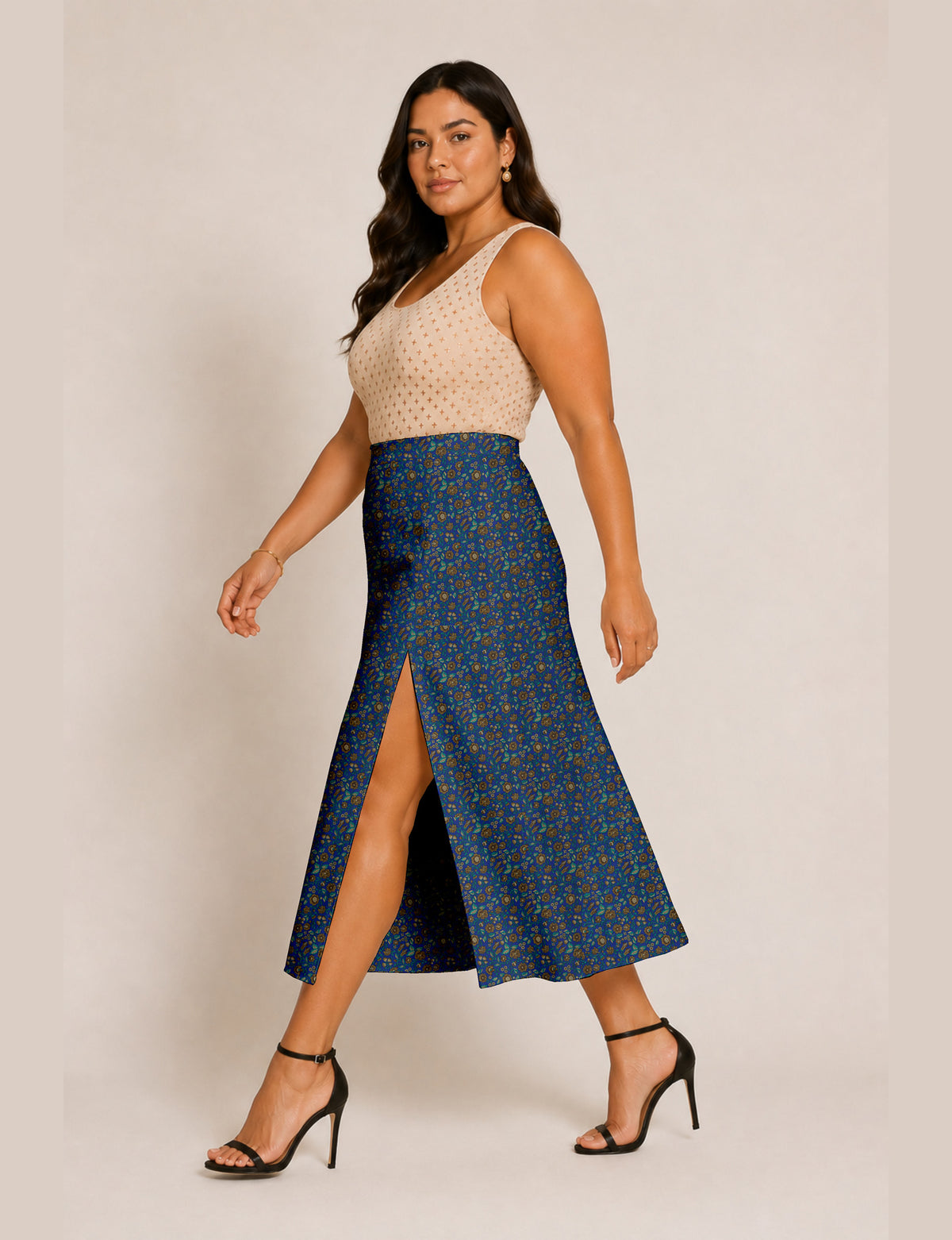 A line skirt with slit - Blue Tropical