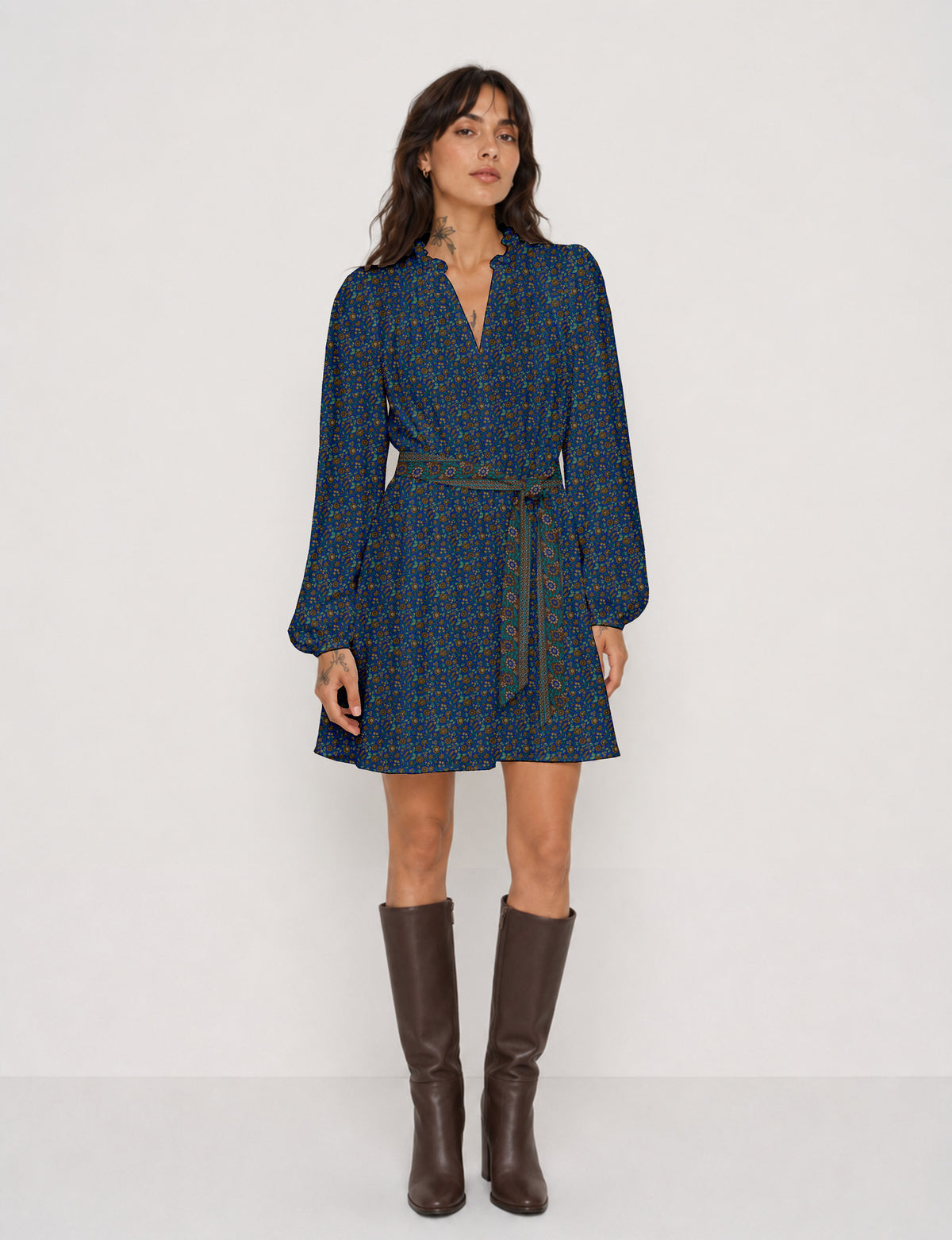 Swing dress with belt - Yellow Floral - Blue Tropical