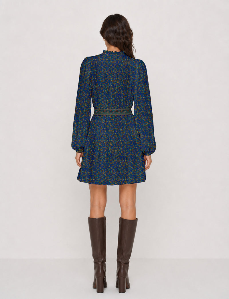 Swingkleid mit Gürtel - Gelb mit Blumenmuster - Blau Tropisch